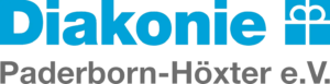 Logo mit dem Wort Diakonie in blau und Paderborn-Höxter e.V. in grau. Rechts von der Diakonie erscheint ein blaues Quadrat mit einem weißen Kreuz und Herzsymbol. (Text mit KI erstellt)