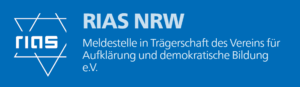 Weißer Text auf blauem Hintergrund lautet: RIAS NRW Meldestelle, ein Projekt in Trägerschaft des Vereins für Aufklärung und demokratische Bildung e.V. Logo links zeigt ein Sechseck mit sich kreuzenden Linien und dem Wort rias darin. (Text mit KI erstellt)