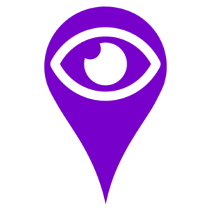Eine violette Kartennadel mit einem weißen Augensymbol in der Mitte, das den Standort oder die visuelle Beobachtung darstellt. (Text mit KI erstellt)