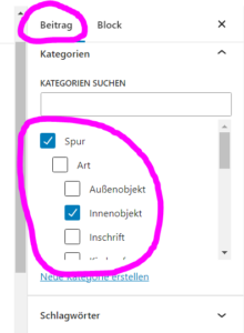 Screenshot eines deutschen WordPress-Editors. Beitrag ist ausgewählt, Kategorie-Kontrollkästchen sind sichtbar. (Text mit KI erstellt)