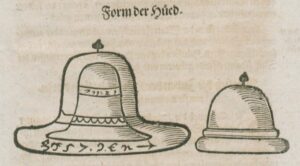 Darstellung eines Judenhuts in der Frankfurter Judenordnung (Stättigkeit) (1613). Die Pflicht den Hut zu tragen, war um diese Zeit schon aufgehoben.
