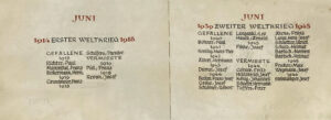 Eine Gedenkliste in deutscher Sprache, die unter Juni in zwei Abschnitte unterteilt ist: links für den Ersten Weltkrieg (1914-1918) und rechts für den Zweiten Weltkrieg (1939-1945), in denen die gefallenen und vermissten Soldaten für jeden Krieg nach Jahren aufgeführt sind. (Text mit KI erstellt)