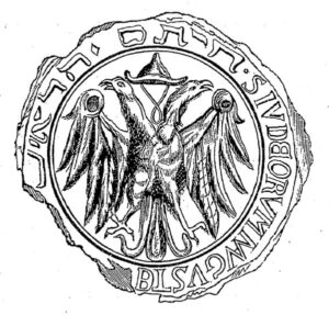 Siegel der jüdischen Gemeinde Augsburg, 1298. Es zeigt den kaiserlichen Adler und den Judenhut