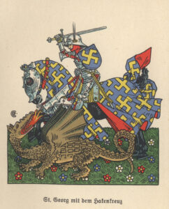 Illustration des Heiligen Georgs in einer Rüstung, der auf einem geschmückten Pferd reitet und einen Drachen mit einem Speer erschlägt. Hinter ihm steht eine Gestalt mit Umhang. Die Szene ist auf Gras mit bunten Blumen dargestellt. Der deutsche Text lautet St. Georg mit dem Hakenkreuz. (Text mit KI erstellt)