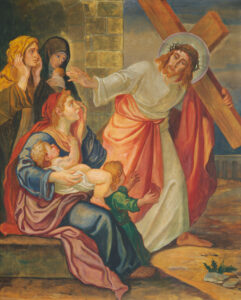 Ein Gemälde zeigt Jesus mit einem Holzkreuz und einer Dornenkrone, der einer sitzenden Frau mit einem Kind und einem Kleinkind die Hand reicht. Drei Frauen stehen dahinter und schauen mit traurigem Gesichtsausdruck zu. (Text mit KI erstellt)