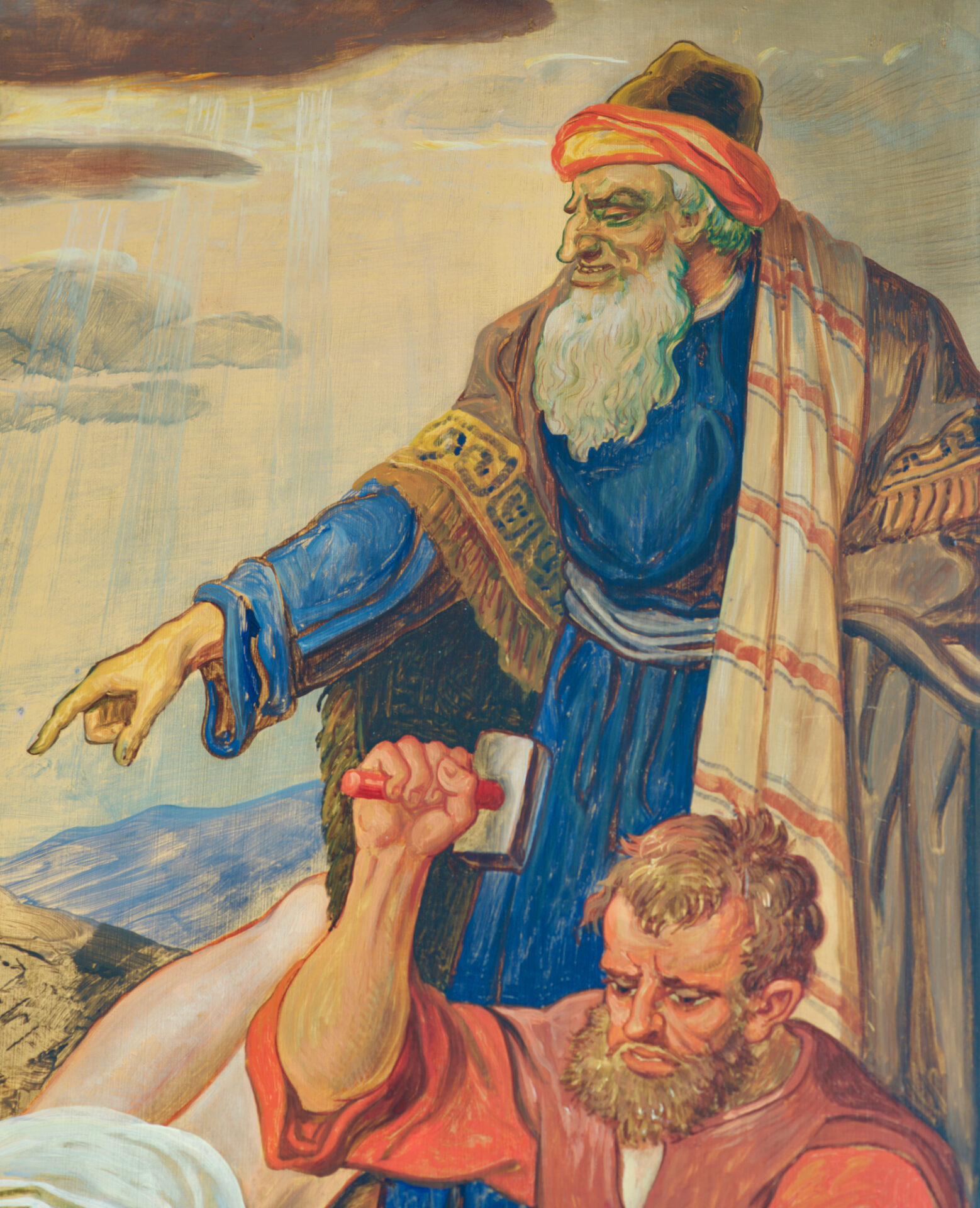 Ein bärtiger Mann in Gewand und Kopfbedeckung weist in die Ferne, während ein anderer Mann ein Messer über eine liegende Person hält, was auf eine dramatische oder biblische Szene hindeutet. ( )