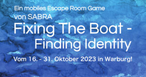 Blauer Aquarellhintergrund mit weißem Text: Ein mobiles Escape Room Game von SABRA. Das Boot reparieren - Identität finden. Vom 16.-31. Oktober 2023 in Warburg!. (Text mit KI erstellt)