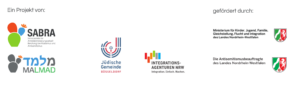 Links die Logos von SABRA, MALMAD, der Jüdischen Gemeinde Düsseldorf und der Integrationsagenturen NRW, rechts die Danksagungen der Förderer und das Wappen des Landes Nordrhein-Westfalen, Deutschland. (Text mit KI erstellt)