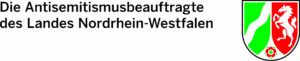 Logo mit dem deutschen Text Die Antisemitismusbeauftragte des Landes Nordrhein-Westfalen neben einem Schild mit einem weißen Pferd und dem Symbol eines Flusses auf rotem und grünem Hintergrund. (Text mit KI erstellt)