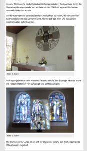 Eine Collage zeigt ein modernes Kircheninnere mit drei Fotos: ein Christuskopf-Relief auf einem Altar, ein Kunstwerk des Erzengels Michael an einem Fenster und zwei Glasfenster, die biblische Szenen darstellen. (Text mit KI erstellt)