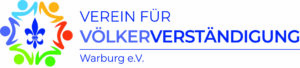 Logo mit vier bunten menschlichen Figuren, die einen Kreis um eine blaue Lilienblüte bilden. Rechts daneben steht in blauer Schrift Verein für Völkerverständigung Warburg e.V. mit Völkerverständigung in Fettdruck. (Text mit KI erstellt)