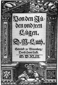 Schwarzer und weißer Holzschnitt-Einband mit einer bärtigen Figur am unteren Rand und verzierten Details um einen Text in deutscher gotischer Schrift, der Von den Jüden und iren Lügen lautet. D. M. Luth. (Text mit KI erstellt)