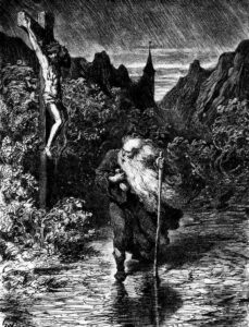 Ein älterer Mann mit langem Bart und Gehstock geht auf einem einsamen Weg an einem Kruzifix vorbei, mit einer Kirche und Bergen im Hintergrund, in einer dunklen, dramatischen Schwarz-Weiß-Illustration. (Text mit KI erstellt)