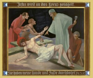 Ein Gemälde zeigt Jesus am Kreuz, der von drei Männern an das Kreuz genagelt wird, während ein anderer Mann seinen Arm festhält. Jesus trägt eine Dornenkrone. Über und unter der Szene steht ein deutscher Text. (Text mit KI erstellt)