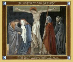 Ein Gemälde zeigt Jesus am Kreuz, darunter eine trauernde Gruppe, darunter Maria, ein Soldat mit einem Speer und zwei weitere Figuren. Ein deutscher Text umgibt die Szene und verweist auf die Kreuzigung Jesu. (Text mit KI erstellt)
