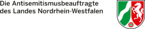 Der deutsche Text lautet "Die Antisemitismusbeauftragte des Landes Nordrhein-Westfalen" neben einem Wappen mit einem weißen Pferd, grünem Hintergrund und rotem Hintergrund mit einem weißen Fluss und einer Rose. (Text mit KI erstellt)