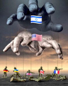 Eine große Hand hält eine israelische Flagge, darunter halten kleinere Hände eine US-Flagge. Schnüre verbinden diese Hände mit Spielzeugsoldaten, die Flaggen der Ukraine, des Vereinigten Königreichs, Kanadas und Frankreichs tragen, was an eine Puppenspielerszene erinnert. (Text mit KI erstellt)