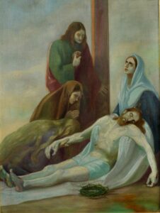 Das Gemälde zeigt drei Trauernde, die um den Leichnam Jesu versammelt sind, der am Fuße eines Holzkreuzes mit einer Dornenkrone in der Nähe liegt. Die Figuren drücken Kummer und Trauer aus. (Text mit KI erstellt)