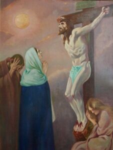 Ein Gemälde von Jesus am Kreuz unter strahlender Sonne, mit drei Trauernden an der Basis: eine verschleierte Frau, die betet, ein Mann, der sein Gesicht bedeckt, und eine sitzende Frau mit langen Haaren, die weint und ein Kästchen hält. (Text mit KI erstellt)