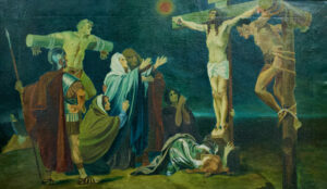 Ein Gemälde, das die Kreuzigung Jesu darstellt, mit Jesus und zwei anderen an Kreuzen. Mehrere Trauernde, darunter Frauen und Soldaten, stehen und knien am Fuße der Kreuze und zeigen Trauer und Schmerz. (Text mit KI erstellt)