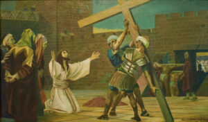 Ein Gemälde eines Mannes, der ein Kreuz trägt. (Text mit KI erstellt)