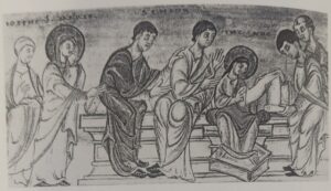 Eine mittelalterliche Schwarz-Weiß-Illustration zeigt sechs Figuren mit Heiligenschein in Gewändern, die sich sitzend und gestikulierend unterhalten, wobei eine Frau ganz rechts ein in ein Tuch gewickeltes Baby hält, möglicherweise eine Krippe oder eine biblische Szene. (Text mit KI erstellt)