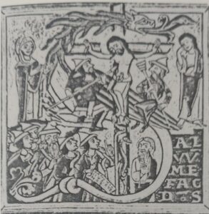Schwarz-Weiß-Illustration der Kreuzigung Christi im mittelalterlichen Stil mit trauernden und beobachtenden Figuren; unten rechts ist ein lateinischer Text eingraviert. Die Szene erinnert an das Jahr 1166 n. Chr. und verdeutlicht das historische Gewicht der bei diesem Ereignis anwesenden Juden. (Text mit KI erstellt)