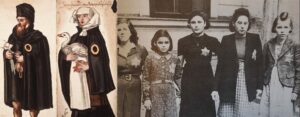 Ein geteiltes Bild: links historische Zeichnungen, die die Entwicklung der Judenfeindschaft zeigen, mit jüdischen Personen, die Erkennungszeichen tragen; rechts ein Schwarz-Weiß-Foto von jüdischen Frauen und Mädchen mit gelben Sternen während des Holocausts. (Text mit KI erstellt)
