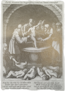 Eine dunkle, historische Darstellung zeigt mehrere Männer in Gewändern, die um einen Steintisch versammelt sind, über dem ein Kind gehalten wird, was an den Ritualmordmythos erinnert. Andere Kinder liegen regungslos in der Nähe. Oben und unten stehen ein deutscher Text und die Jahreszahl 1476. (Text mit KI erstellt)