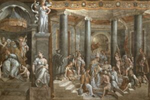 Ein Gemälde im Stil der Renaissance zeigt einen großen Saal mit Säulen und einer Statue. Zahlreiche Gestalten in Gewändern und Rüstungen versammeln sich, einige sitzend auf Treppen, andere stehend, im Gespräch und bei verschiedenen Aktivitäten. Die Szenerie wirkt klassisch und königlich. (Text mit KI erstellt)
