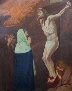 Ein Gemälde von Jesus am Kreuz, der eine Dornenkrone trägt. Zwei Frauen beten am Fuße des Kreuzes, eine kniend und eine stehend mit einem blauen Mantel. Eine Sonne leuchtet am Himmel und wirft Strahlen auf die Szene. (Text mit KI erstellt)