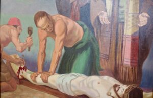Ein Gemälde zeigt zwei Männer, die einen Mann, der eine Dornenkrone und ein weißes Tuch trägt, an ein Holzkreuz nageln. Die Szene erinnert an eine biblische Kreuzigung, mit Blut an Händen und Füßen. (Text mit KI erstellt)