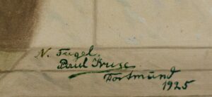 Handschriftliche Unterschrift mit grüner Tinte auf beigem Papier: N. Fugel, Paul Kause, Dortmund 1925. Die Schrift erscheint leicht schräg mit Unterstreichungen und ist Teil eines Kunstwerks oder Dokuments. (Text mit KI erstellt)
