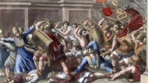 In einer dramatischen Darstellung der Plünderung des Tempels stürmen gepanzerte Soldaten aus der Antike einen Tempel, greifen Menschen gewaltsam an und rauben Schätze. Das Chaos bricht aus, als Figuren zwischen den goldenen Artefakten und Einrichtungsgegenständen des heiligen Raums fallen. (Text mit KI erstellt)