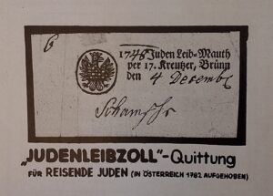 Schwarz-Weiß-Abbildung eines historischen Dokuments mit der Aufschrift Judenleibzoll-Quittung aus dem Jahr 1748, mit handschriftlichem Datum, Unterschrift, Siegel und deutschem Text, der erklärt, dass es sich um eine Juden-Leibmaut-Quittung für reisende Juden handelt, die 1782 in Österreich abgeschafft wurde. (Text mit KI erstellt)