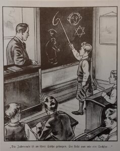 Ein Junge zeigt mit einem Stock auf antisemitische Zeichnungen, darunter ein Davidstern und eine Karikatur, an der Tafel eines Klassenzimmers, während andere Schüler und ein Lehrer zusehen. Die Szene stammt aus dem Kinderbuch "Der Giftpilz" von 1938. Die Bildunterschrift ist auf Deutsch. (Text mit KI erstellt)