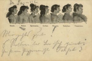 Eine alte Illustration von sieben Frauen im Profil mit einzigartigen Frisuren, die jeweils mit Sarah, Rahel, Rebbecka, Esther, Rosalie, Veilchen und Täubchen beschriftet sind, erscheint als antisemitische Postkarte mit handgeschriebener Schrift über dem Bild. (Text mit KI erstellt)
