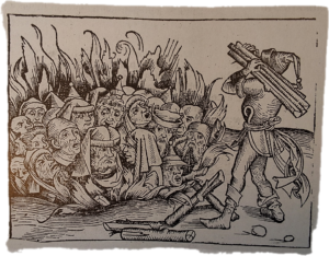 Ein Holzschnitt, der eine Gruppe von Menschen in einer von Flammen umgebenen Grube zeigt, mit einem Mann im Vordergrund, der Stöcke auf dem Rücken trägt und auf das Feuer zugeht. Die chaotische Szene deutet auf ein Ecclesia-Ereignis um 850 n. Chr. hin, eingerahmt von einer verzierten Initiale O. (Text mit KI erstellt)