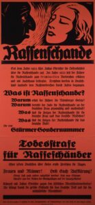 Ein Plakat aus der Zeit des Nationalsozialismus von 1935 in deutscher Sprache mit stilisierten Schwarz-Weiß-Profilen eines Mannes und einer Frau, fetten gotischen Buchstaben und dem Text Der Stürmer, der rassistische Propaganda und die Todesstrafe für Rassenschande propagiert. (Text mit KI erstellt)