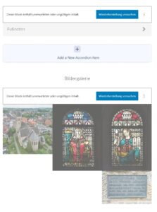 Eine Webseite zeigt Fehlermeldungen in deutscher Sprache an, "Dieser Block enthält unerwarteten oder ungültigen Inhalt. Wiederherstellung versuchen." Unten finden Sie Fotos einer Kirche, von Glasfenstern und einer Gedenktafel. (Text mit KI erstellt)