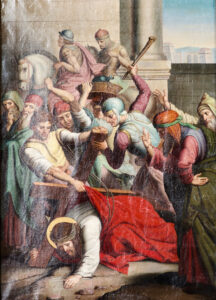 Ein Gemälde zeigt Jesus, der am Kreuz hängt und von römischen Soldaten und Schaulustigen umgeben ist. Einige Soldaten fügen ihm Schläge zu, während andere zusehen. Jesus trägt ein rotes Gewand und einen Heiligenschein, was die religiöse Szene unterstreicht. (Text mit KI erstellt)