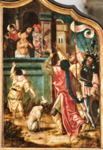 Ein historisches Gemälde zeigt die Darstellung Jesu vor einer Menschenmenge, auf die römische Soldaten und Stadtbewohner reagieren. Im Vordergrund sitzt ein Hund, und im Hintergrund sind Gebäude im Stil der Renaissance zu sehen. (Text mit KI erstellt)
