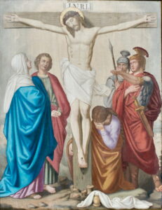 Ein Gemälde stellt die Kreuzigung Jesu Christi dar, mit Jesus am Kreuz, umgeben von vier Trauernden und zwei römischen Soldaten, von denen einer einen Speer hält. Die Trauernden wirken traurig und eine Frau weint am Fuße des Kreuzes. (Text mit KI erstellt)
