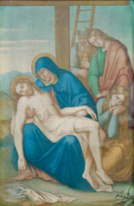 Ein Gemälde mit der Darstellung der Pietà: Maria wiegt den Leichnam Jesu nach seiner Kreuzigung, dahinter stehen drei Trauernde unter dem Kreuz, im Hintergrund eine Leiter und ein Tuch auf dem Boden. (Text mit KI erstellt)