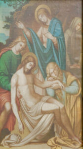 Ein klassisches Gemälde zeigt drei Trauernde, die den leblosen Körper Jesu Christi nach der Kreuzigung halten, mit trauernden Gesichtern und sanften, mitfühlenden Gesten. (Text mit KI erstellt)