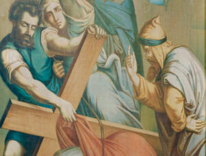 Ein Gemälde zeigt einen bärtigen Mann, der ein Holzkreuz trägt, hinter ihm eine verzweifelte Frau und einen weiteren bärtigen Mann in einem Kapuzengewand, der auf sie zeigt und eindringlich spricht. Die Szene ist dramatisch und emotional. (Text mit KI erstellt)