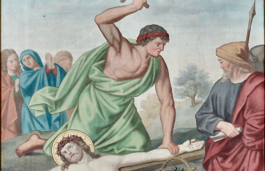 Ein Gemälde, auf dem Jesus mit einer Dornenkrone an einem Holzkreuz liegt, während ein Mann einen Hammer erhebt, um seine Hand festzunageln, während andere verängstigt zuschauen. ( )