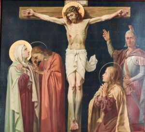 Ein Gemälde, das den am Kreuz gekreuzigten Jesus mit Heiligenschein zeigt. Unter ihm stehen und knien vier Figuren: zwei weinende Frauen, ein Mann, der eine der Frauen tröstet, und ein römischer Soldat in Rüstung, der die Hand hebt. Die Szene wirkt ernst und andächtig. (Text mit KI erstellt)