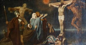 Eine Darstellung der Kreuzigung Jesu, mit Jesus am Kreuz, römischen Soldaten und trauernden Gestalten am Fuße des Kreuzes, darunter Frauen in Gewändern, vor einem dunklen Himmel. (Text mit KI erstellt)